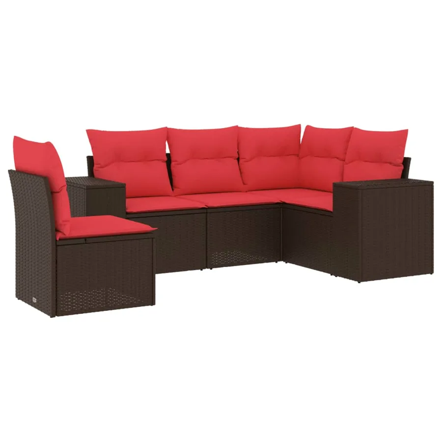 Ensemble de canapé de jardin 5 pcs avec coussins marron résine tressée - 2