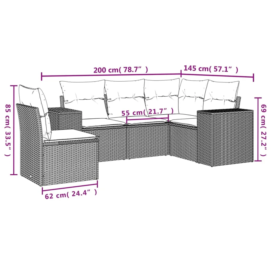 Ensemble de canapé de jardin 5 pcs avec coussins marron résine tressée - 7