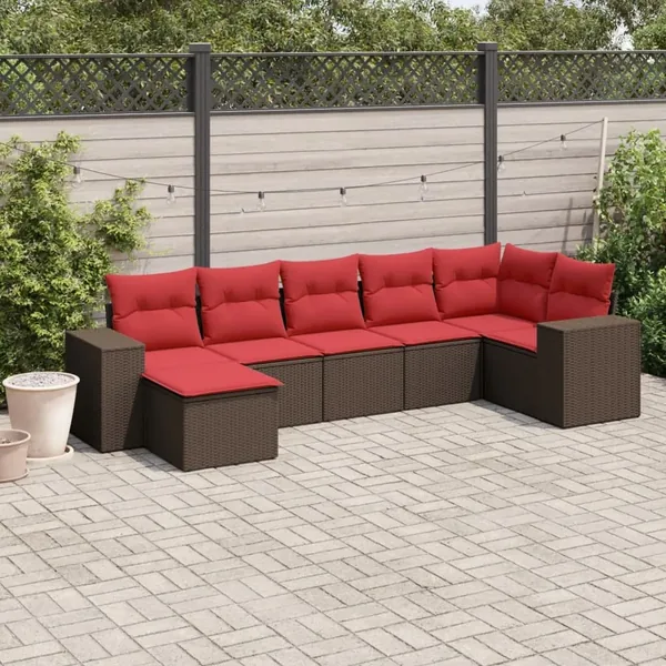Ensemble de canapé de jardin 7 pcs avec coussins marron résine tressée