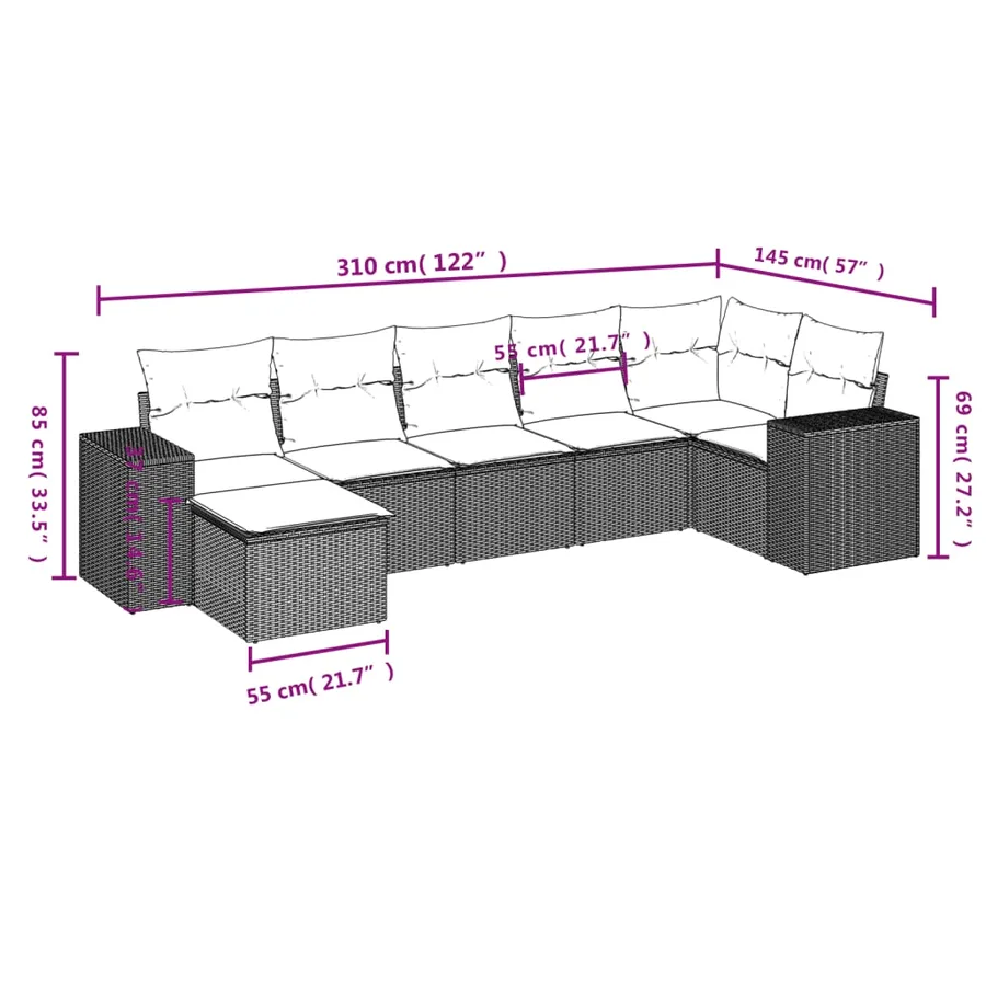 Ensemble de canapé de jardin 7 pcs avec coussins marron résine tressée - 8