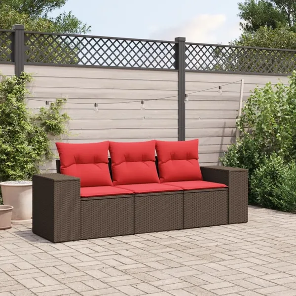Ensemble de canapé de jardin 3 pcs avec coussins marron résine tressée