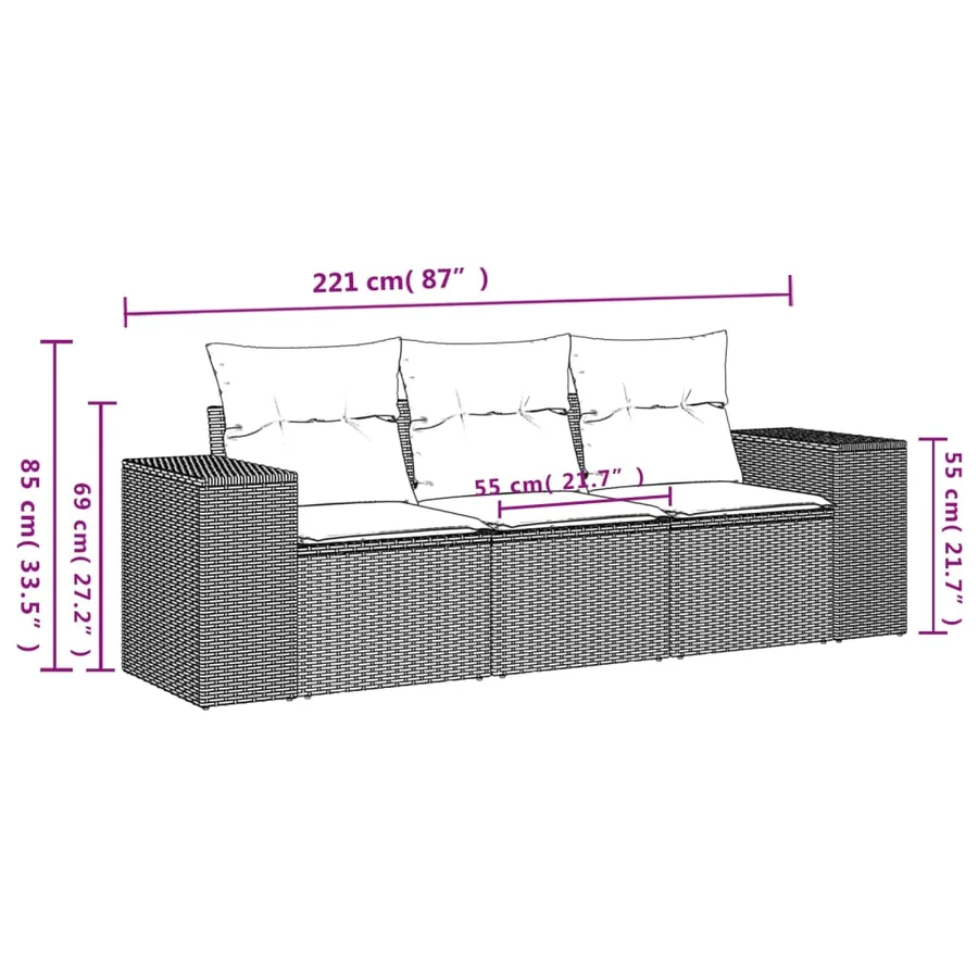 Ensemble de canapé de jardin 3 pcs avec coussins marron résine tressée - 7