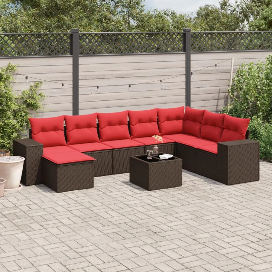 Ensemble de canapé de jardin 9 pcs avec coussins marron résine tressée