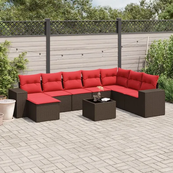 Ensemble de canapé de jardin 9 pcs avec coussins marron résine tressée