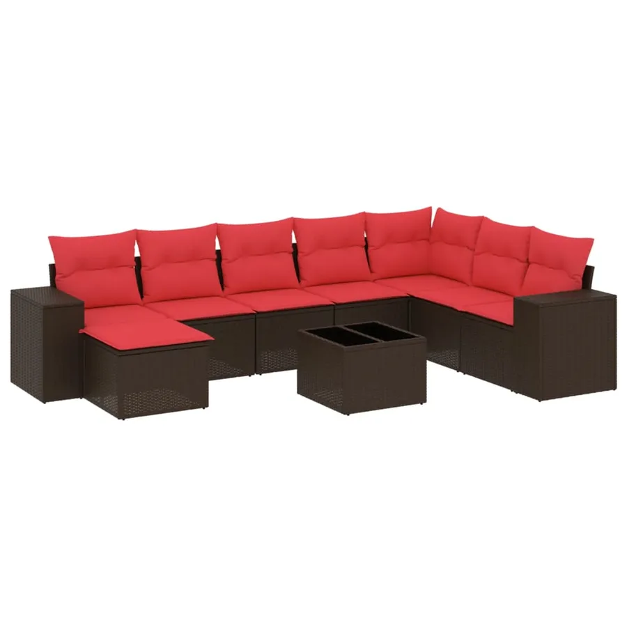 Ensemble de canapé de jardin 9 pcs avec coussins marron résine tressée - 2