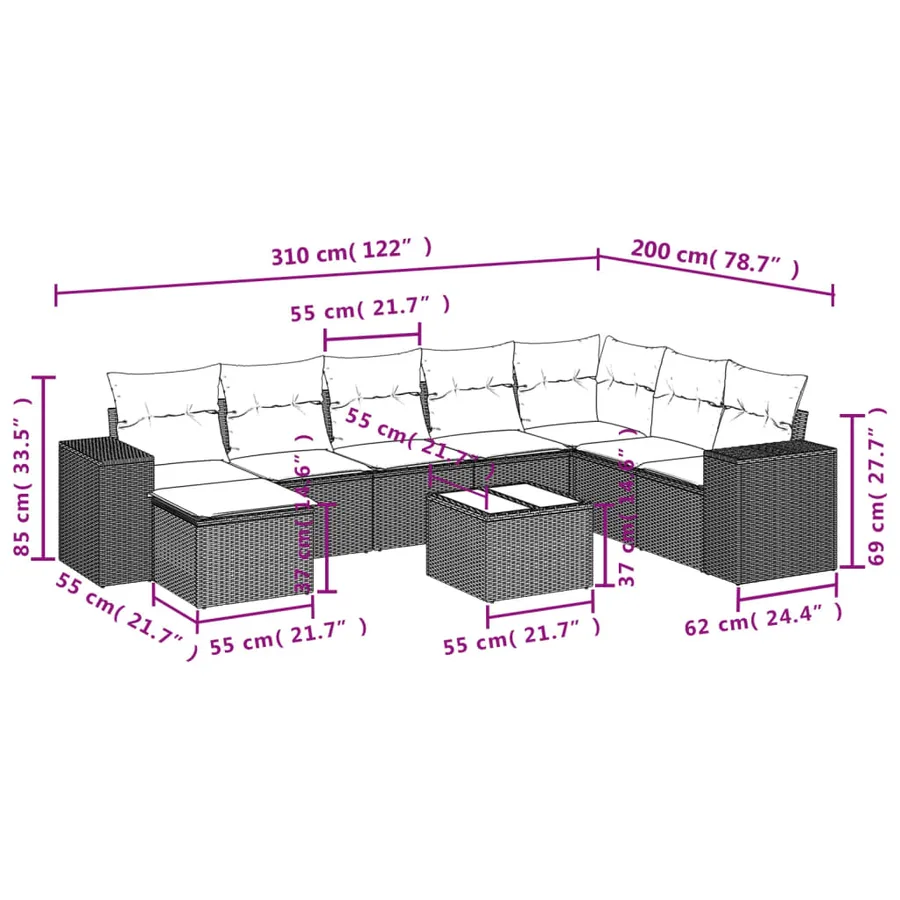 Ensemble de canapé de jardin 9 pcs avec coussins marron résine tressée - 8