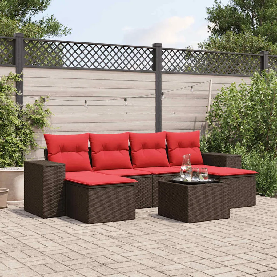 Ensemble de canapé de jardin 7 pcs avec coussins marron résine tressée