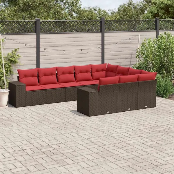 Ensemble de canapé de jardin 10 pcs avec coussins marron résine tressée