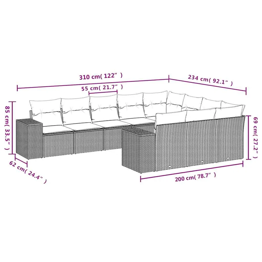 Ensemble de canapé de jardin 10 pcs avec coussins marron résine tressée - 7