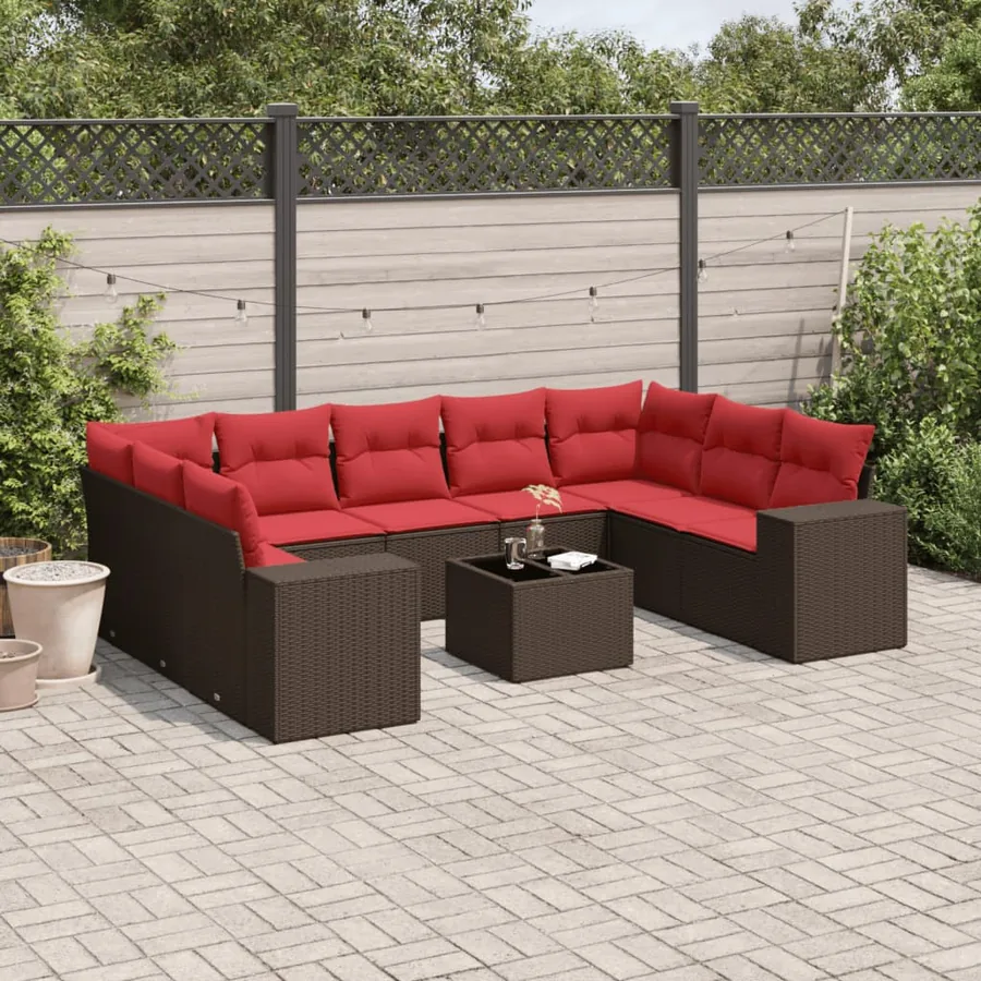 Ensemble de canapé de jardin 10 pcs avec coussins marron résine tressée
