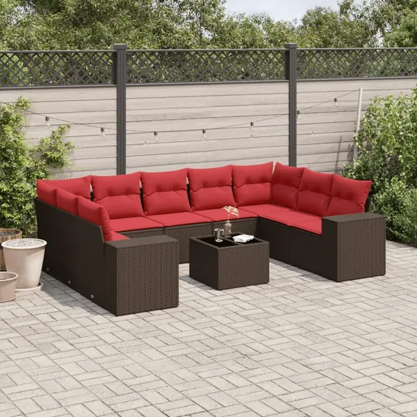 Ensemble de canapé de jardin 10 pcs avec coussins marron résine tressée