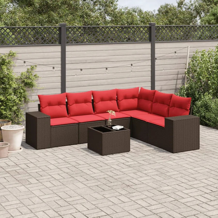 Ensemble de canapé de jardin 7 pcs avec coussins marron résine tressée