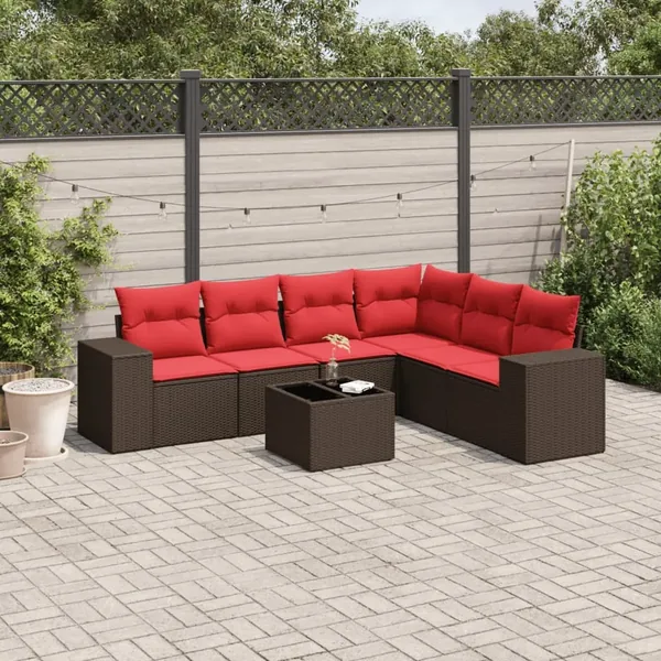 Ensemble de canapé de jardin 7 pcs avec coussins marron résine tressée