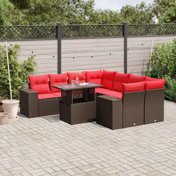 Ensemble de canapé de jardin 9 pcs avec coussins marron résine tressée