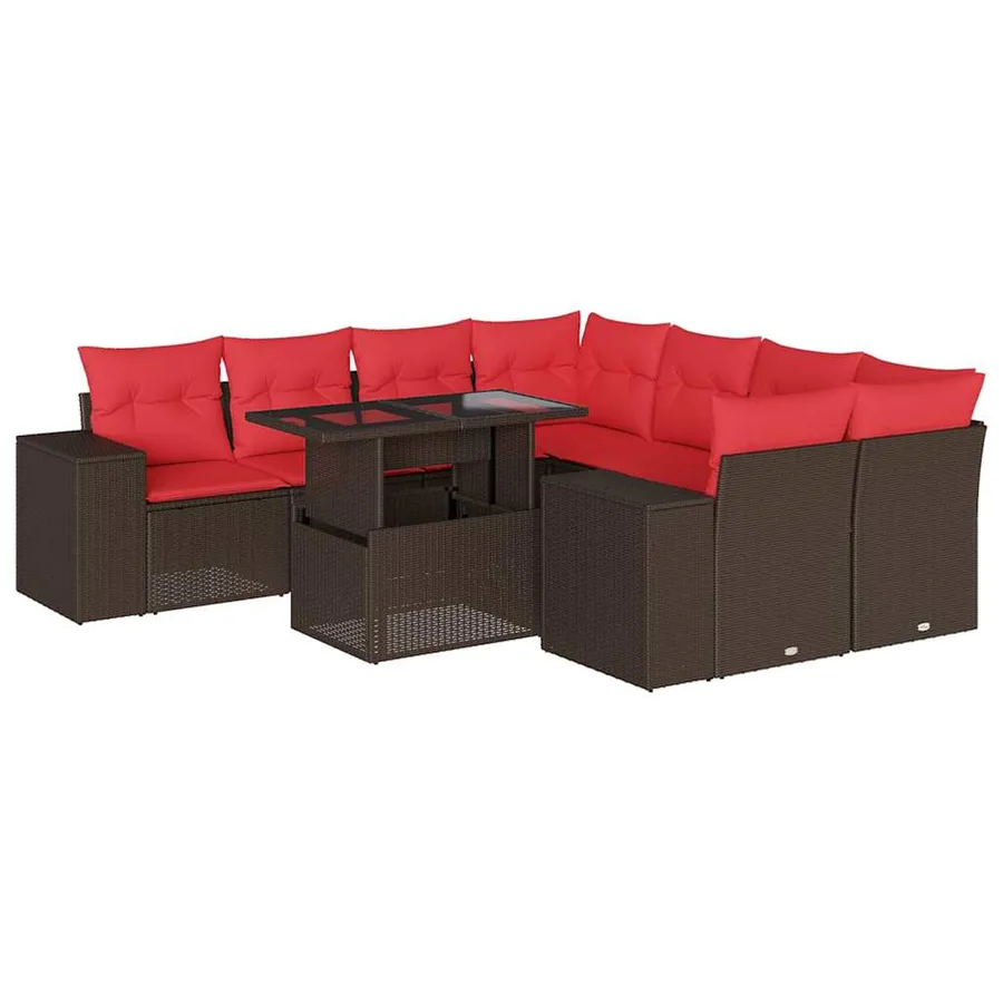 Ensemble de canapé de jardin 9 pcs avec coussins marron résine tressée - 2