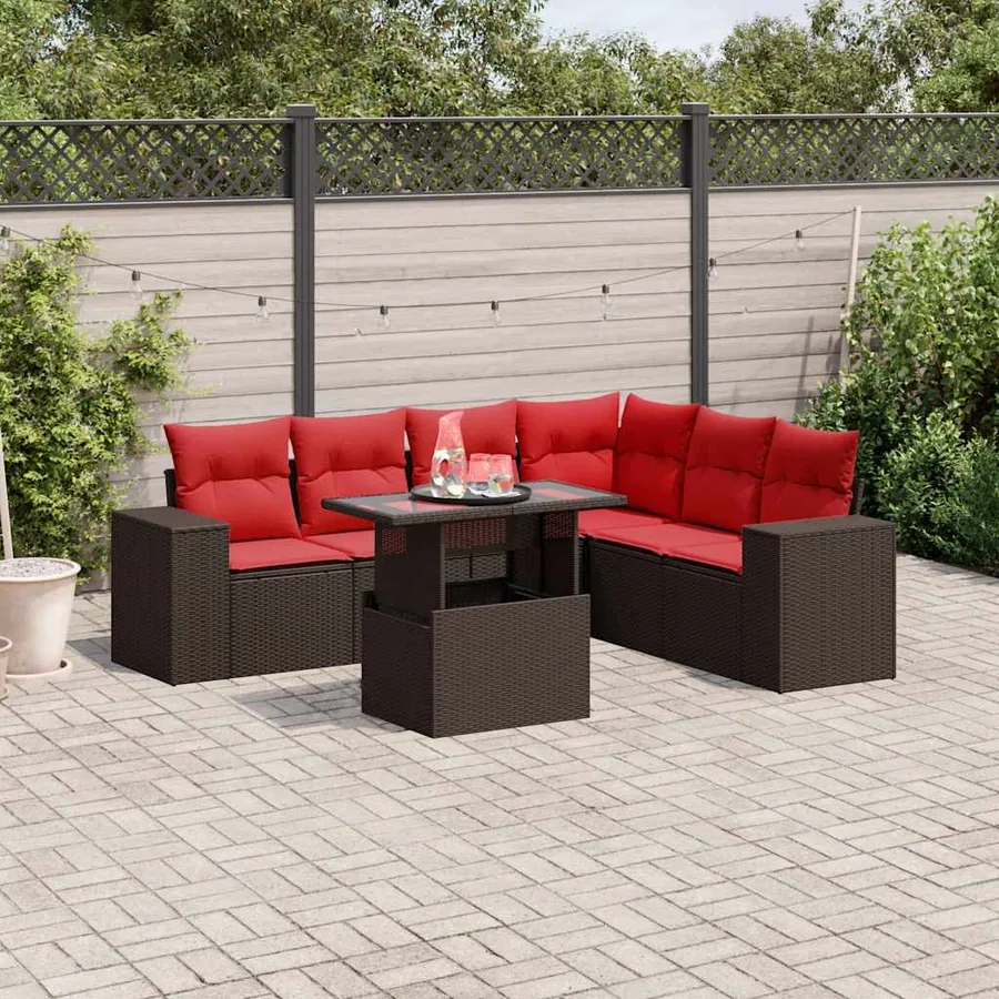 Ensemble de canapé de jardin 7 pcs avec coussins marron résine tressée