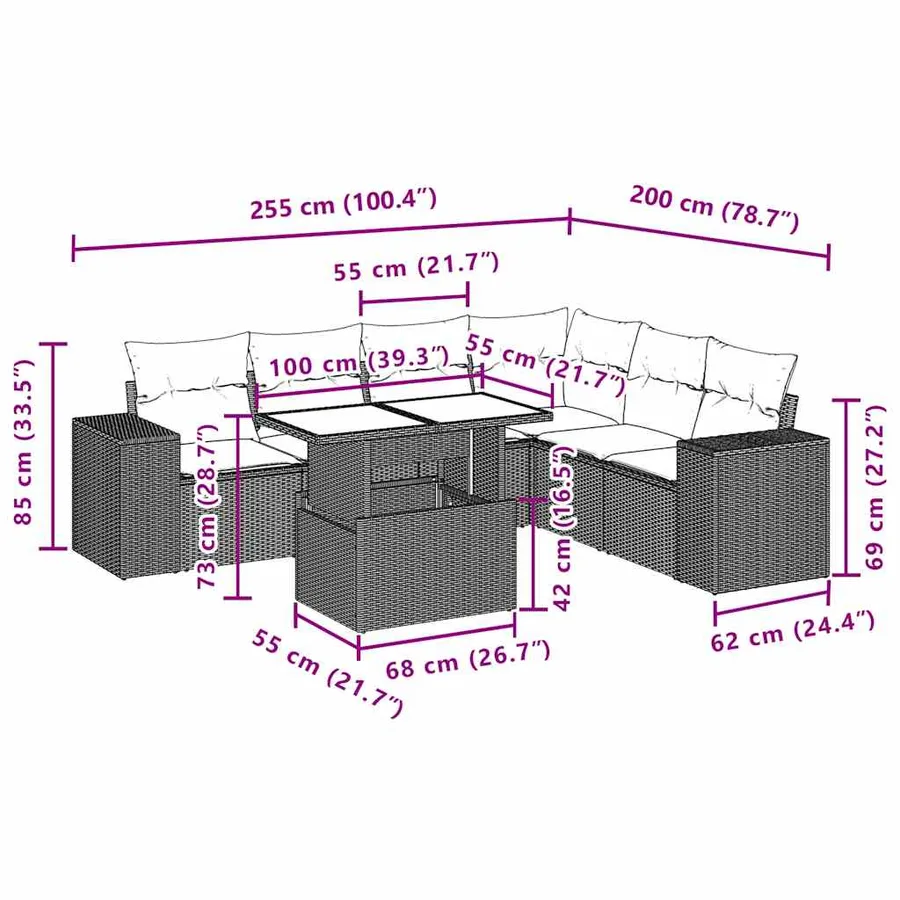 Ensemble de canapé de jardin 7 pcs avec coussins marron résine tressée - 10