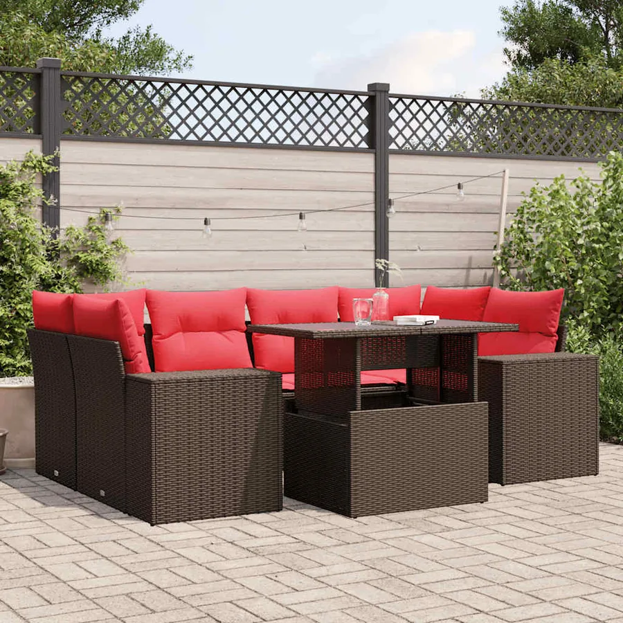 Ensemble de canapé de jardin 7 pcs avec coussins marron résine tressée