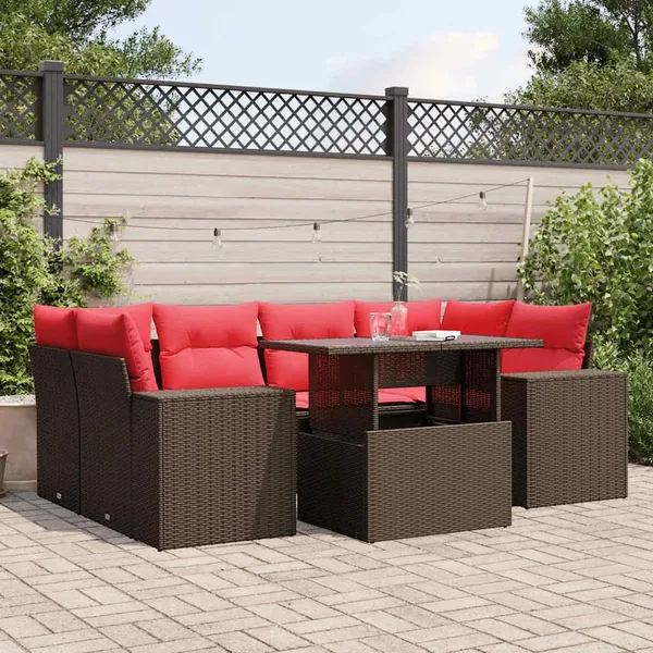 Ensemble de canapé de jardin 7 pcs avec coussins marron résine tressée