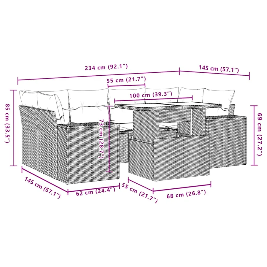 Ensemble de canapé de jardin 7 pcs avec coussins marron résine tressée - 10
