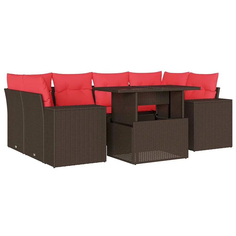 Ensemble de canapé de jardin 7 pcs avec coussins marron résine tressée - 2