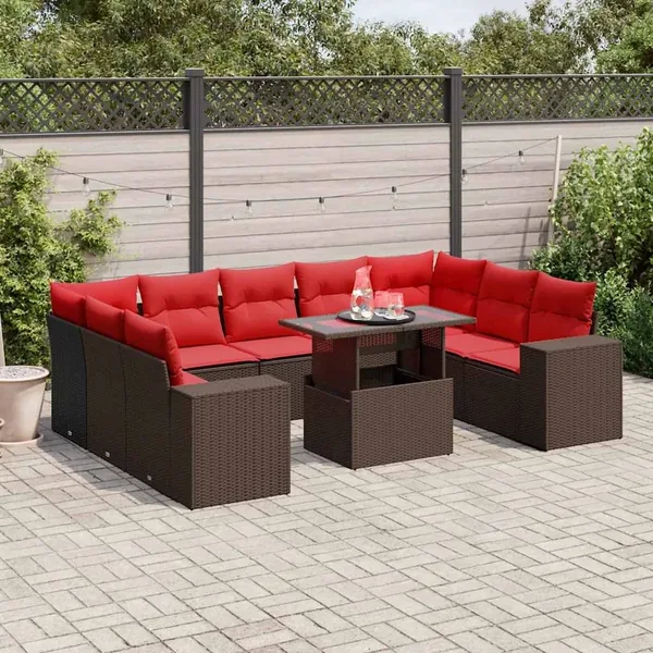 Ensemble de canapé de jardin 10 pcs avec coussins marron résine tressée