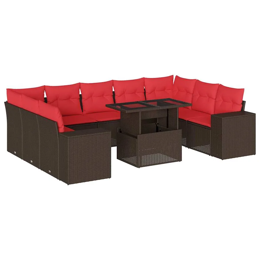 Ensemble de canapé de jardin 10 pcs avec coussins marron résine tressée - 2