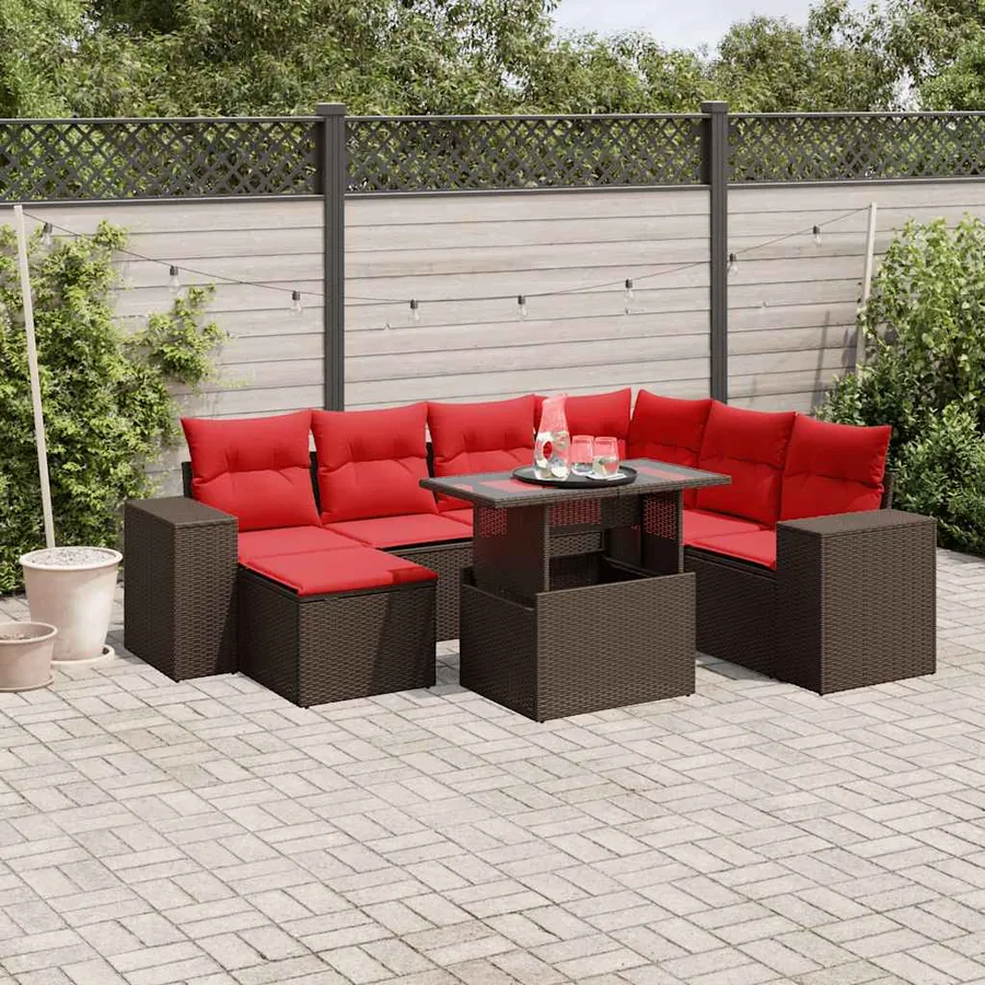 Ensemble de canapé de jardin 8 pcs avec coussins marron résine tressée