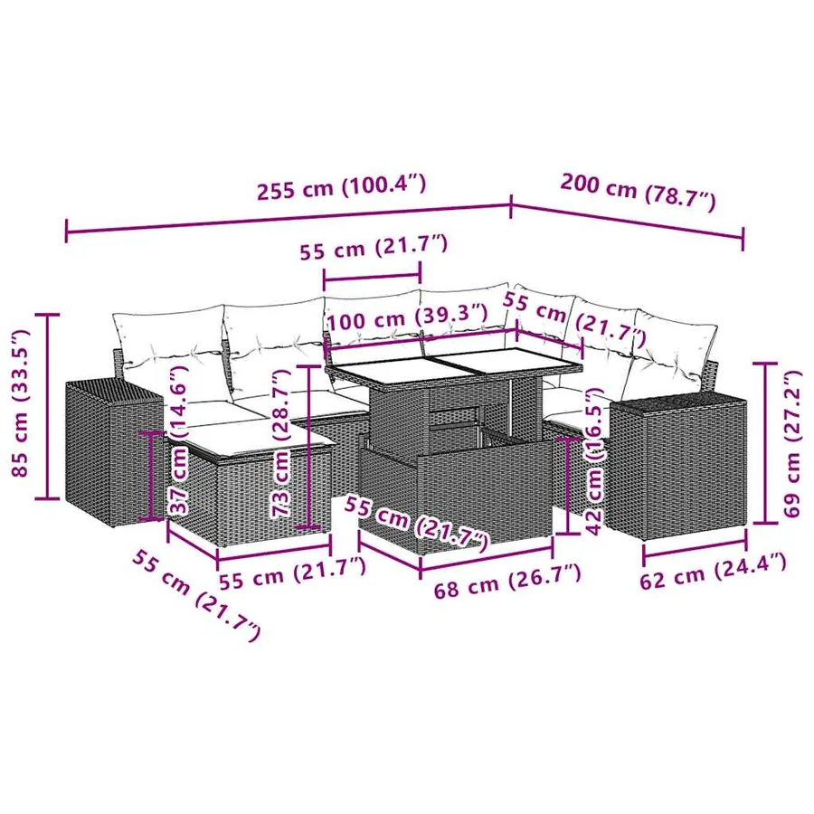Ensemble de canapé de jardin 8 pcs avec coussins marron résine tressée - 11
