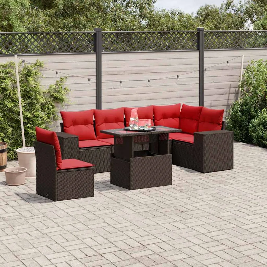 Ensemble de canapé de jardin 7 pcs avec coussins marron résine tressée