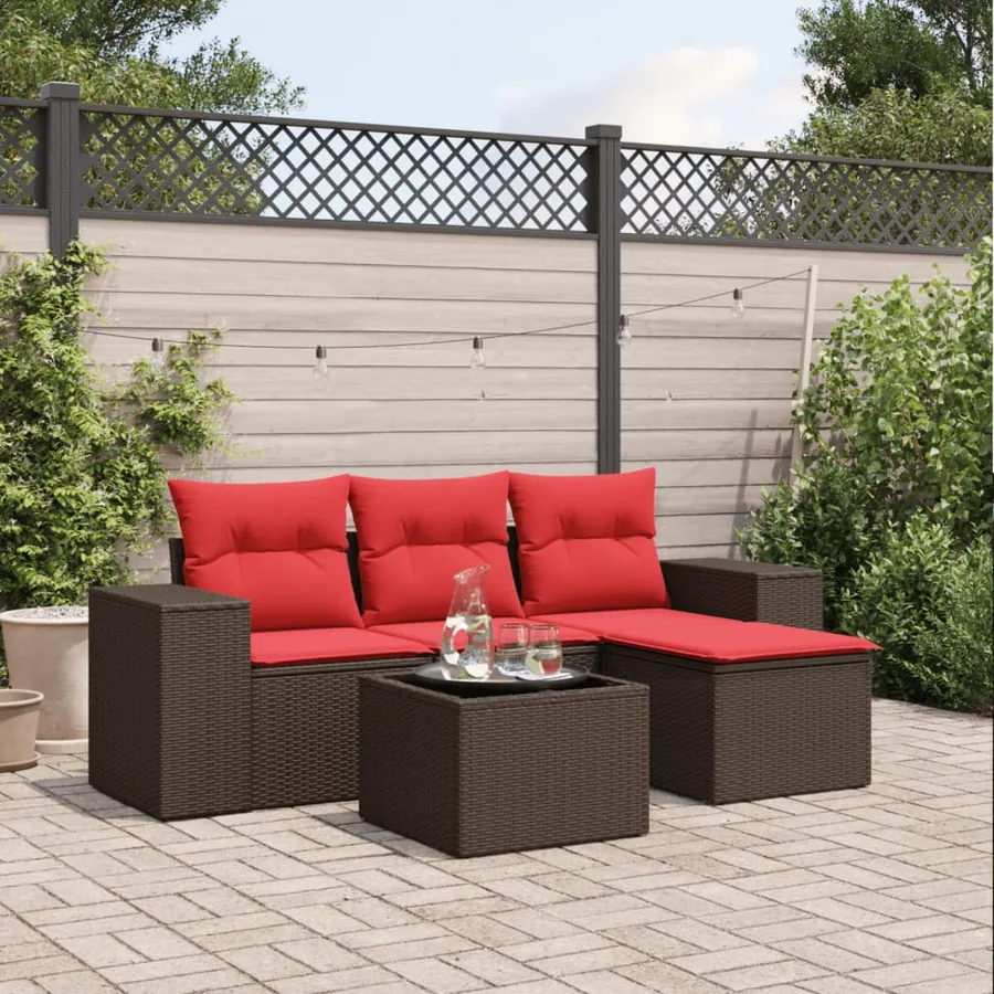 Ensemble de canapé de jardin 5 pcs avec coussins marron résine tressée