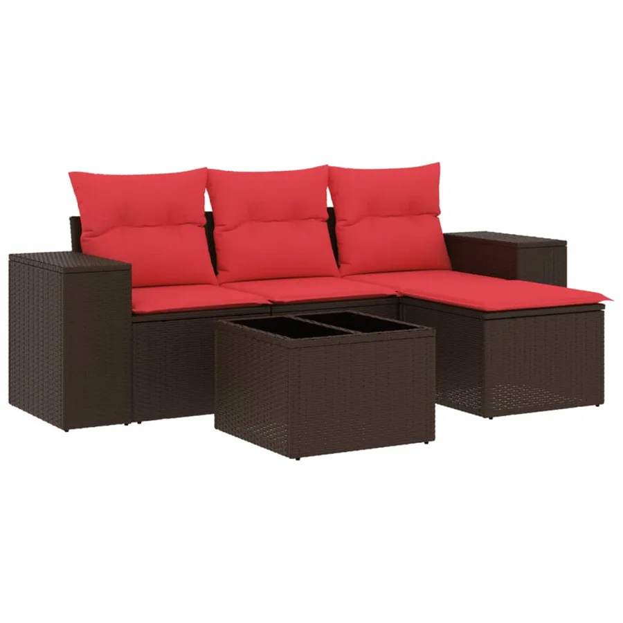 Ensemble de canapé de jardin 5 pcs avec coussins marron résine tressée - 2