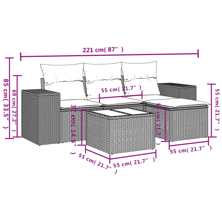 Ensemble de canapé de jardin 5 pcs avec coussins marron résine tressée - 8