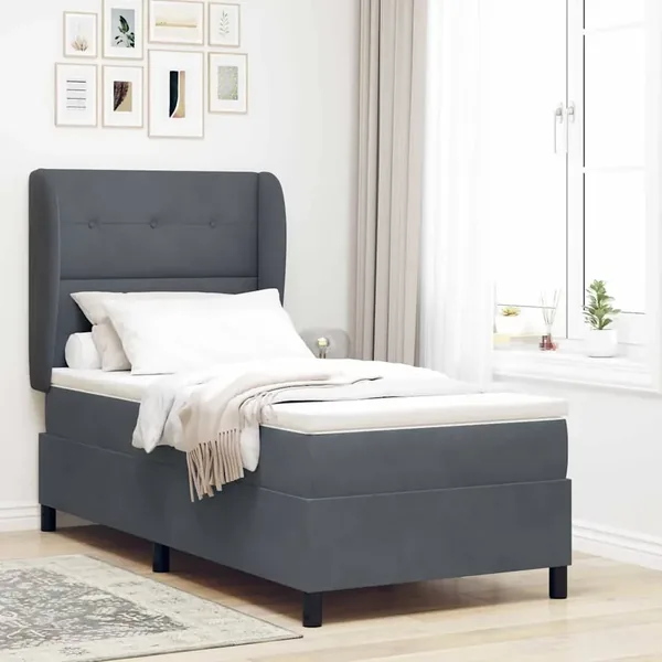 Lit à ressorts avec tête de lit Gris foncé 200 x 90 cm Velours