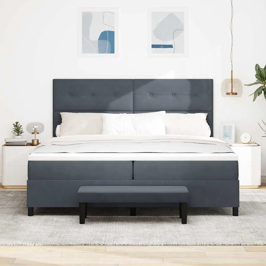 Lit à ressorts avec tête de lit Gris foncé 200 x 200 cm Velours - 3