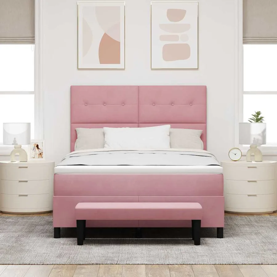 Lit à ressorts avec coussin Rose 200 x 140 cm Velours - 3