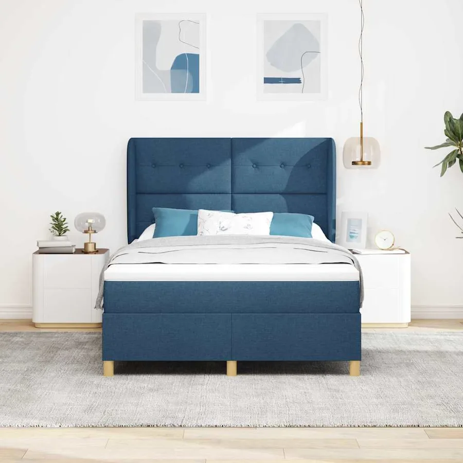 Lit à ressorts avec tête de lit Bleu 200 x 140 cm tissu - 3