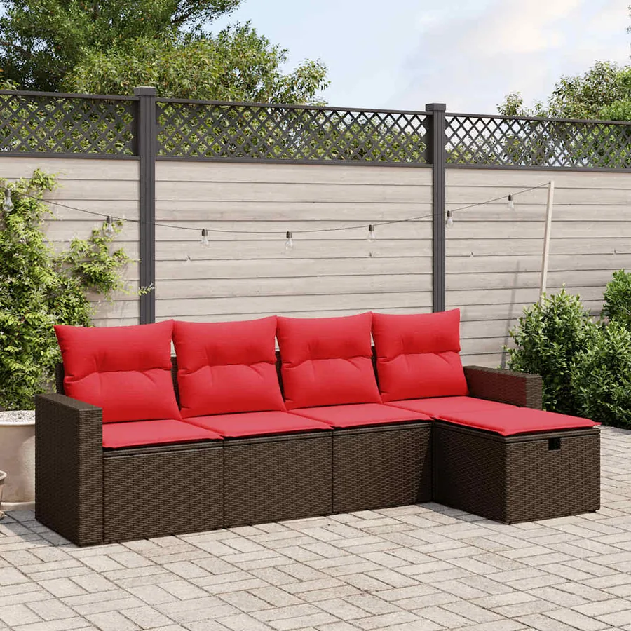 Ensemble de canapé de jardin 5 pcs avec coussins marron résine tressée