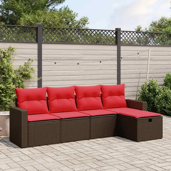 Ensemble de canapé de jardin 5 pcs avec coussins marron résine tressée