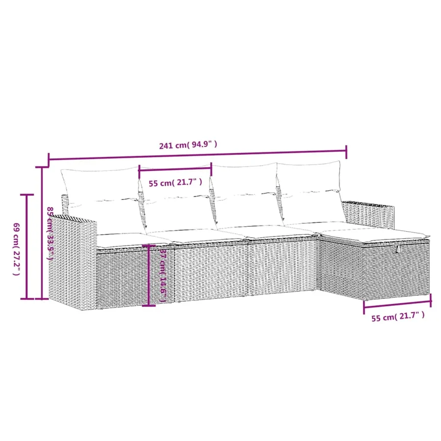 Ensemble de canapé de jardin 5 pcs avec coussins marron résine tressée - 4