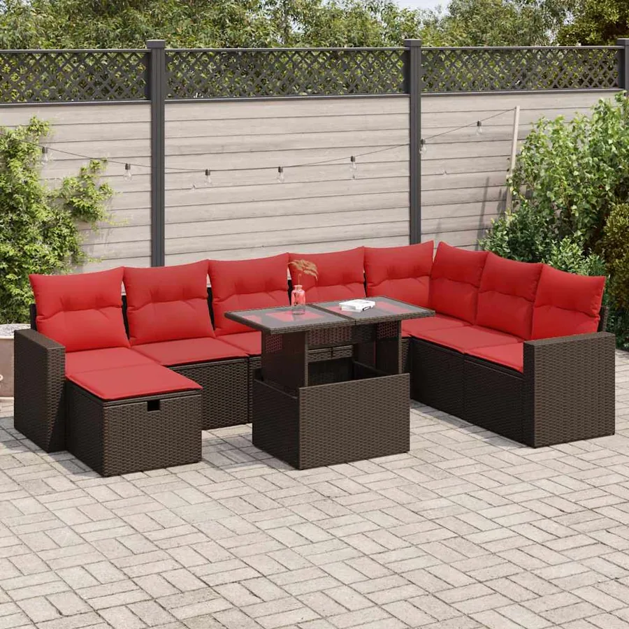 Salon de jardin avec coussins 9 pcs marron résine tressée acacia