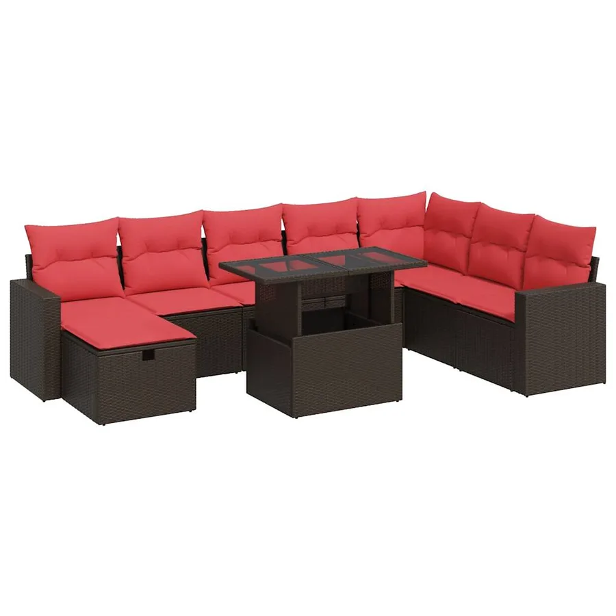 Salon de jardin avec coussins 9 pcs marron résine tressée acacia - 2