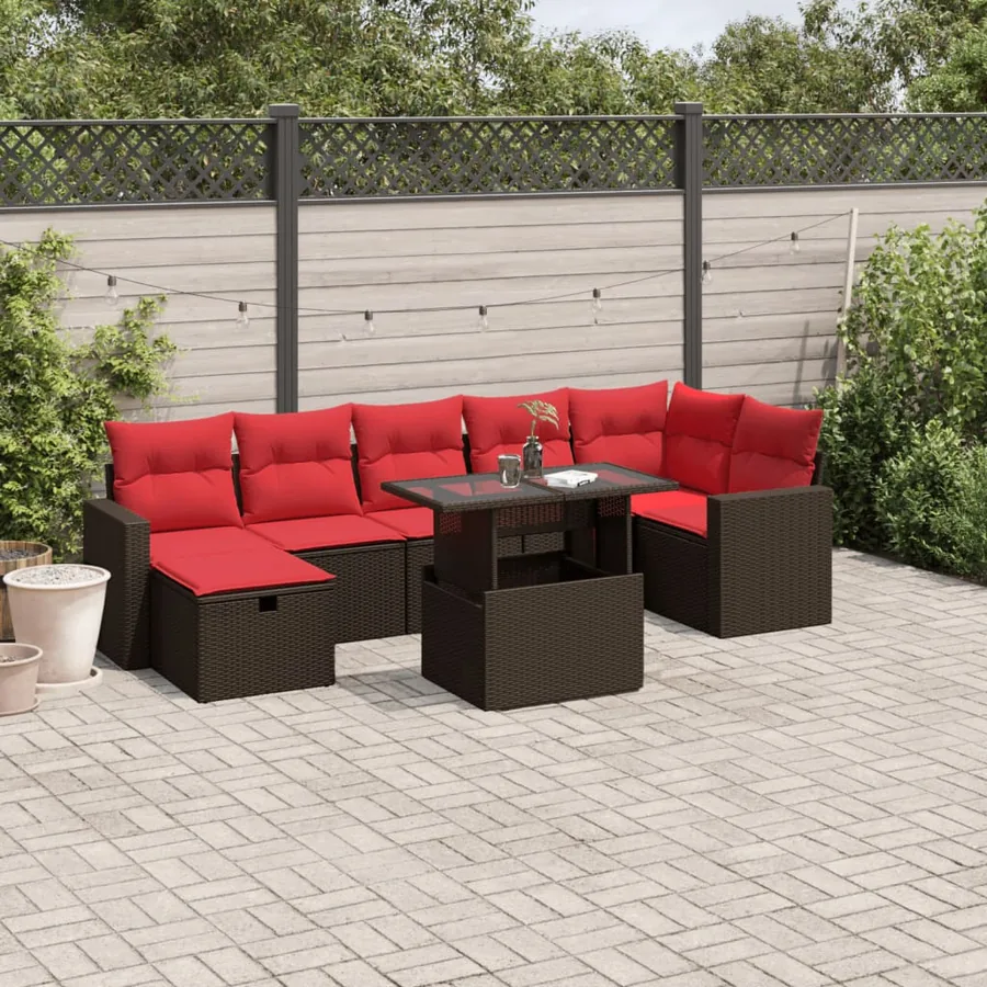 Ensemble de canapé de jardin 8 pcs avec coussins marron résine tressée