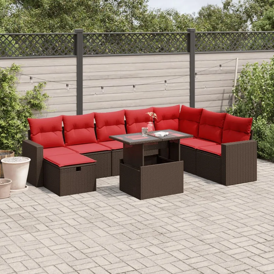 Ensemble de canapé de jardin 9 pcs avec coussins marron résine tressée