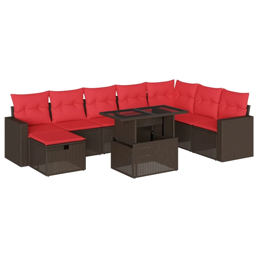 Ensemble de canapé de jardin 9 pcs avec coussins marron résine tressée - 2