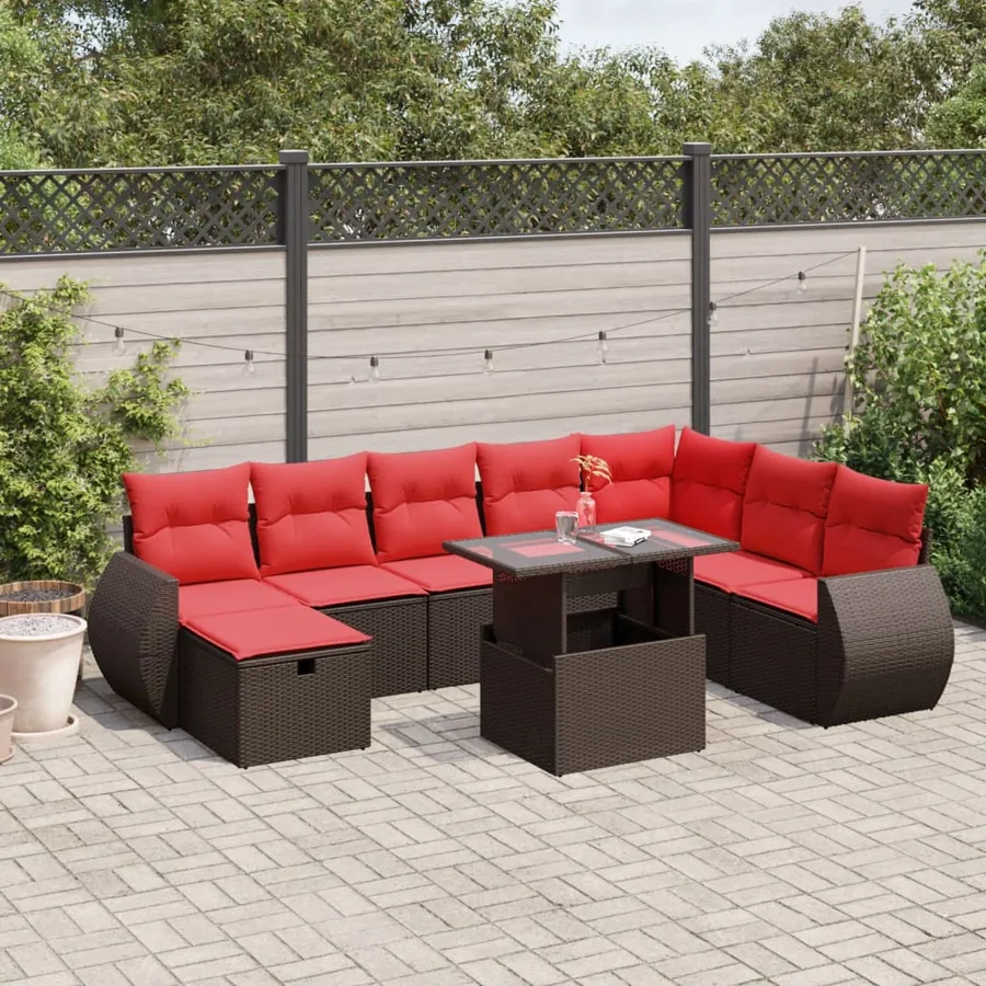 Ensemble de canapé de jardin 9 pcs avec coussins marron résine tressée