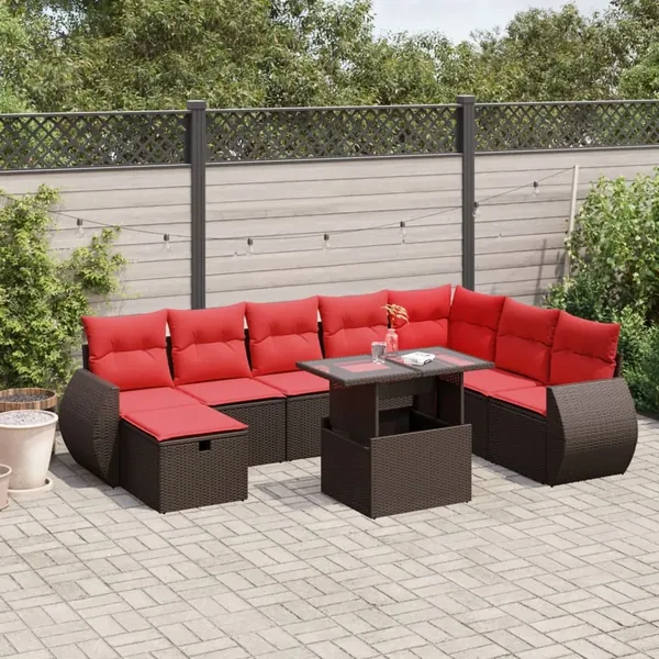 Ensemble de canapé de jardin 9 pcs avec coussins marron résine tressée