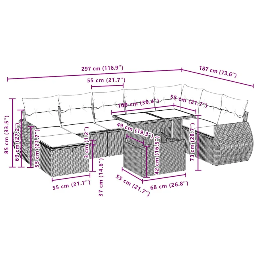 Ensemble de canapé de jardin 9 pcs avec coussins marron résine tressée - 13