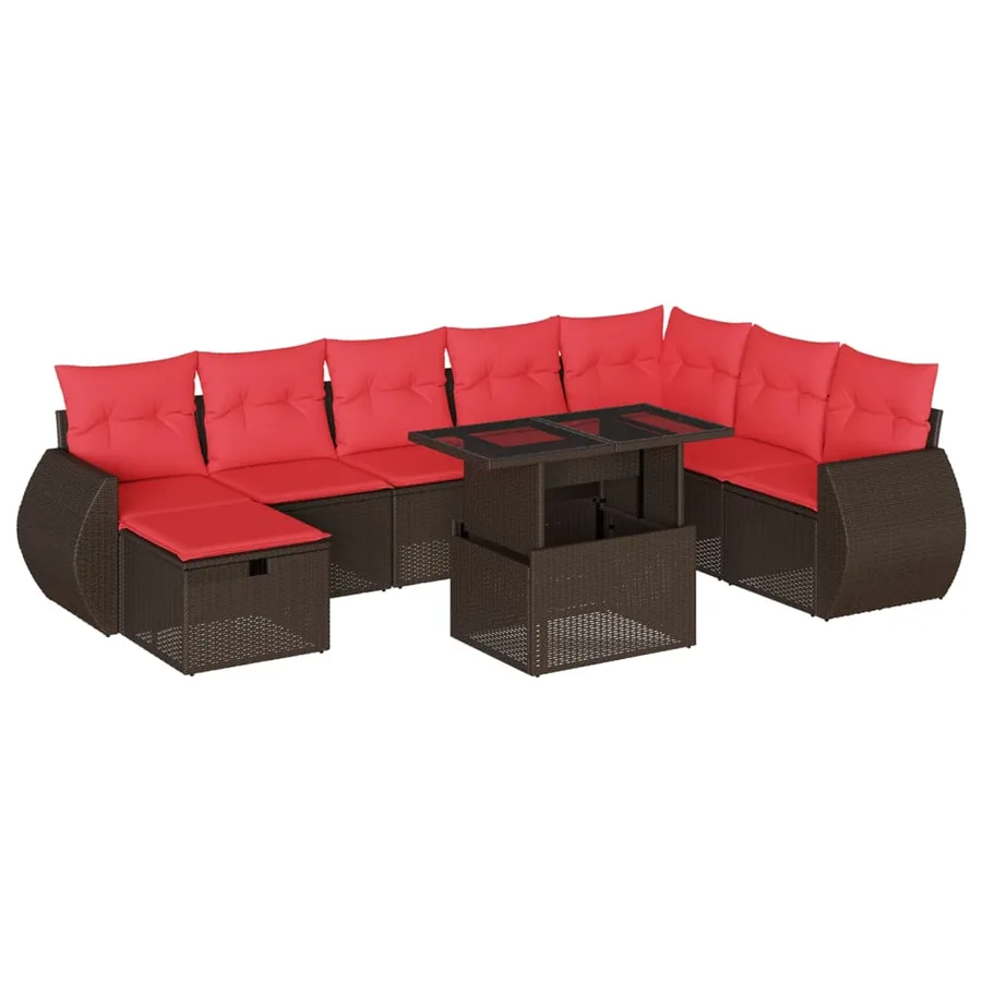 Ensemble de canapé de jardin 9 pcs avec coussins marron résine tressée - 2
