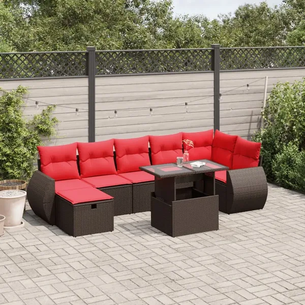 Ensemble de canapé de jardin 8 pcs avec coussins marron résine tressée